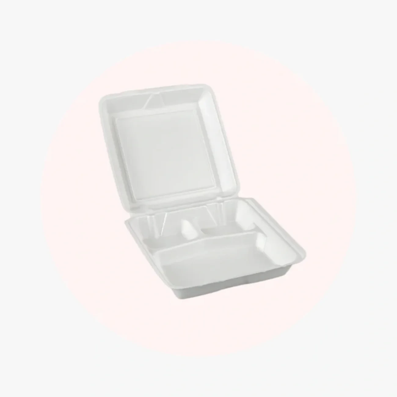 9 1/2" x 9" x 3" White Foam 3 Compartment Square Take Out Container with Hinged Lid